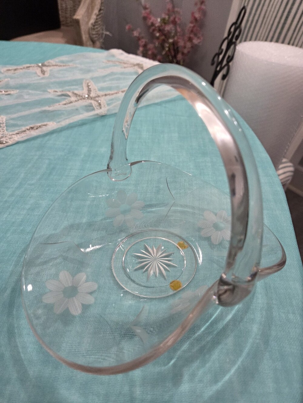 Clear Glass Daisy Basket with Handle - Decorative Home Accent